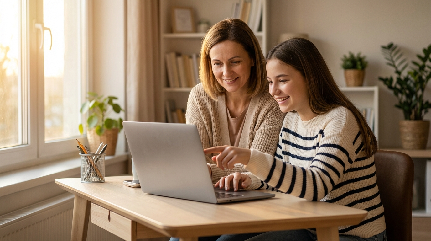 Parent and student studying together at a desk with laptop