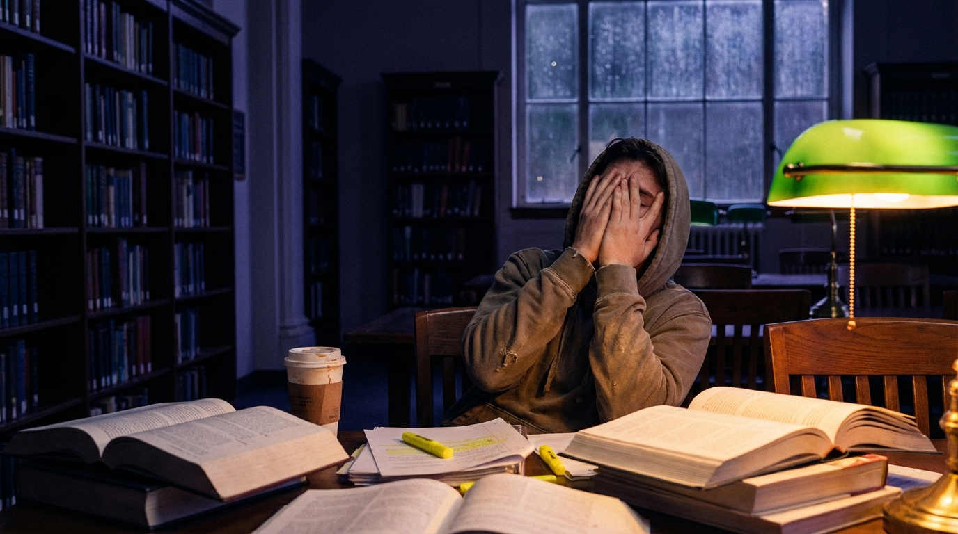 Student studying late at night surrounded by textbooks