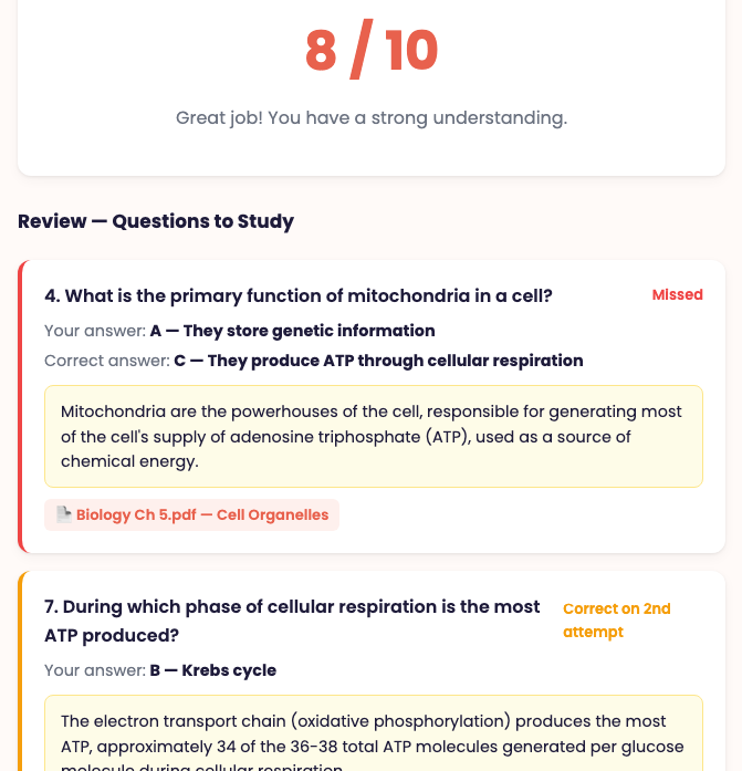 RaiseMyGrade results page showing score with review cards