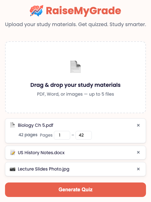 RaiseMyGrade upload interface showing PDF, image, and text uploads